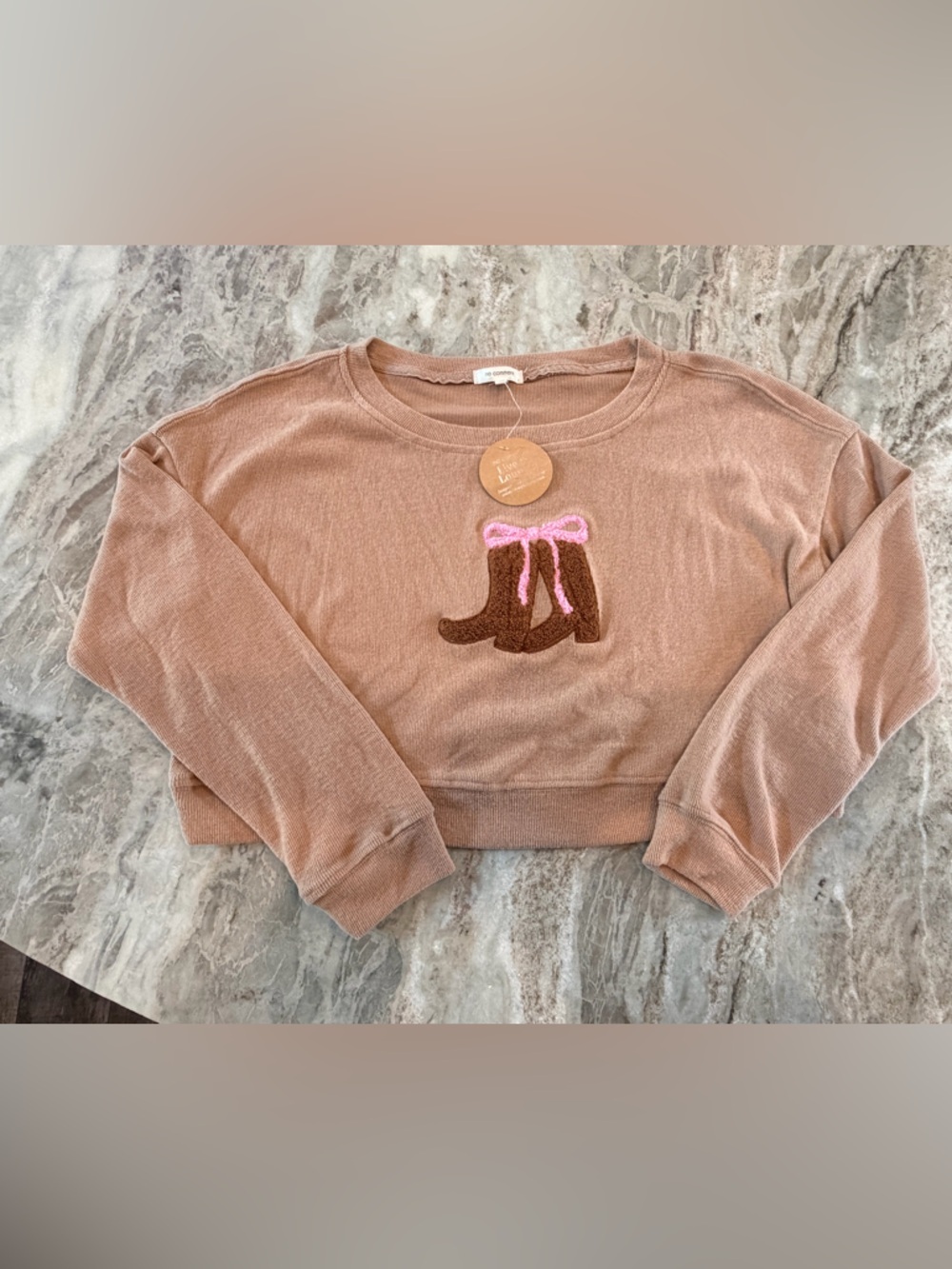 NWT No Comment Western Boots Graphic Sweatshirt Tan Cowgirl Top Large